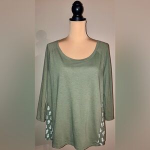 Women's Sonoma 3/4 Roll Sleeve Green & White Paisley High/Low Top/Blouse,Large L